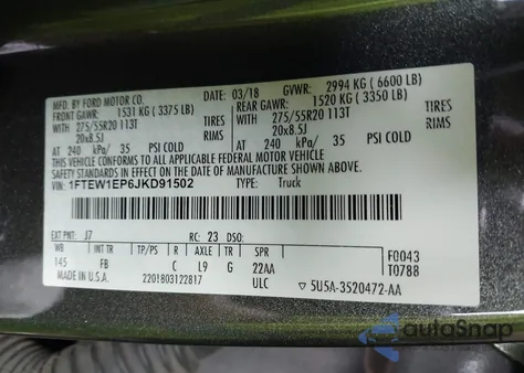 2018 Ford F-150 Xlt из США, поврежденный, VIN 1FTEW1EP6JKD91502